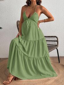 SHEIN Đầm bầu thoải mái, cổ yếm, hở lưng, viền bèo nhún, thích hợp cho kỳ nghỉ. - xanh quân đội - Xem 4