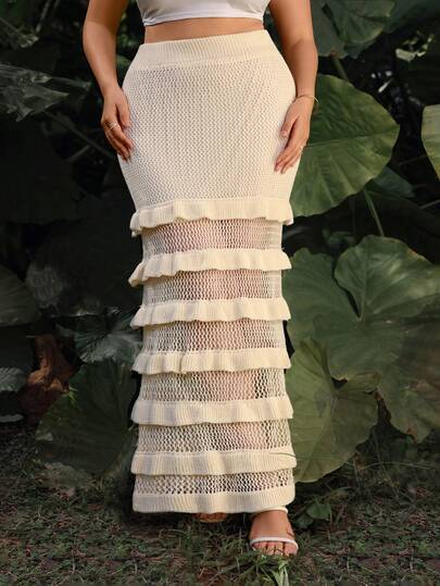 Juhart Milky White Multi-Layer Ruffled Hollow Out Knit Skirt, Layered Ruffles Bring Vitality And Youthfulness, Niche Yet Sophisticated, Ideal For Dates And Commuting, Easily Become The Focus In The Crowd