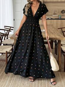 Louniche 标准尺码女士休闲度假长裙，蝙蝠袖设计，A字收腰款式，彩色爱心印花 - 黑色 - 查看 5