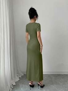 Elenzga Đầm cardigan tay ngắn ôm sát người, kiểu dáng dự tiệc mùa xuân/hè dành cho nữ, phong cách thành thị, sang trọng, thời trang Pháp, ngọt ngào, gợi cảm, thích hợp mặc hàng ngày. Đầm maxi dệt kim cổ tròn cài nút phối màu đen trắng tương phản, thích hợp cho kỳ nghỉ. - xanh quân đội - Xem 2