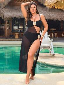 Swim Oasis Plus Size 3pcs Set: Metal Decor Spaghetti Strap Bikini Swimwear And Cover Up, Suitable For Summer/Fall Vacation - Black - View 4
