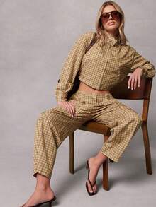 Hauture 时尚复古格子口袋装饰直筒裤 - 黃色 - 查看 5