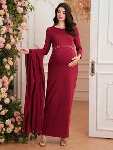 SHEIN Solid Color Beaded Long Shawl Elegant Maternity Dress - Red - View 6