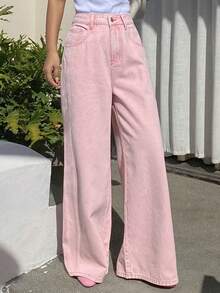 DAZY 女士宽松休闲破洞粉色阔腿牛仔裤，度假风，春夏款 - 淺粉色 - 查看 8