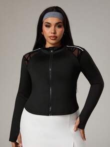 SHEIN Sports Veste de mode sportive grande taille, cardigan manche longue ajusté avec trou pour le pouce, patchwork asymétrique en maille floquée et blocs de couleurs - Noir - Voir 3
