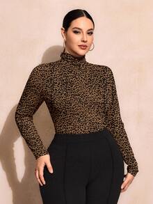 SHEIN SXY Vintage Leopard Print Plus Size High Neck T-Shirt, Suitable For Music Festival - Multicolor - View 3