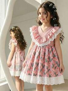 SHEIN 少女碎花V领荷叶边下摆休闲连衣裙 - 彩色 - 查看 8