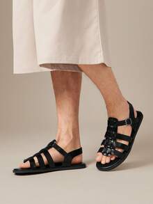 SHUZIA 男士高级油鞣人造革黑色后系带渔夫凉鞋 – 编织工艺，贴合稳固，日常穿着舒适 - 黑色 - 查看 4