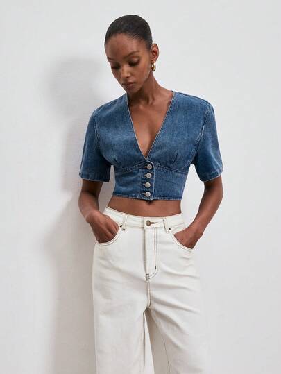 ATUI Studio Women's Casual V-Neck Washed Button Front Cropped Denim Blouse, Summer