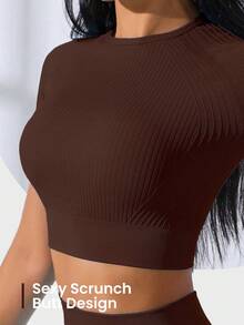 SHEIN Core Rhythm Seamless Women High Waist Sports Set, Short Sleeve Top And Pants Women S Athletic Sets Workout Rompers Jumpsuits Workout Clothes Women Women Plus Activewear Sets Women Clothing Athletic - Coffee Brown - View 3