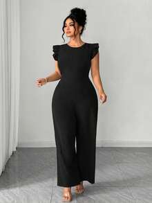 SHEIN Elenzya Women's Round Neck Backless Leopard Print Tie Waist Flutter Sleeve Jumpsuit, Casual/Holiday/Date/Commute Loose Wide Leg Pants Women's Jumpsuits Elegant Jumpsuits Palazzo Jumpsuit Sleeveless Jumpsuit Black Jumpsuit Flare Jumpsuit - Black - View 5