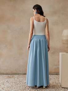 Anewsta Women's Blue And White Summer Vacation Outfit,Elegant Minimalist Knit Camisole Splicing Woven Flared Casual Dress,Baby Blue Long Dress - Blue - View 3