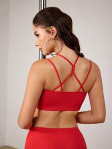 Menodora SHEIN Sport Menodora 女士纯色镂空交叉吊带背心，其他舞蹈服红色运动文胸 - 紅色 - 查看 3