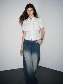 Lumivelle Women's Spring/Summer New Blouse Short Sleeve 2 In 1 Design Urban Chic Elegant White Shirt Collar Shirt Cropped Button Up - White - View 4