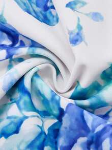 Swim Oasis Plus Size White Ditsy Floral One-Piece Swimsuit With Chiffon Skirt,Boho Flowy Summer Vacation Holiday Tummy Control French Elegant Bathing Suit Sets - Blue and White - View 4