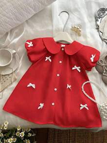 SHEIN Đầm mùa hè kiểu dáng thường ngày cho bé gái, trang trí hình bướm, cài cúc phía trước. - Đỏ - Xem 10