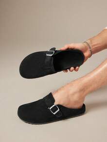 SHUZIA 男士柔软鞋垫绒面革黑色搭扣木屐穆勒鞋——轻便易穿，日常休闲之选 - 黑色 - 查看 5