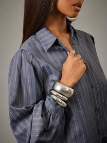 NYA SZN Mallory Matching Set Top And Pant Long Sleeve Oversized Loose Balloon High Rise Baggy Buttons Collar Drape Detail High Low Business Casual Event Everyday Wedding Brunch Office Holiday Teacher Striped Outfits For Women - Black - View 7