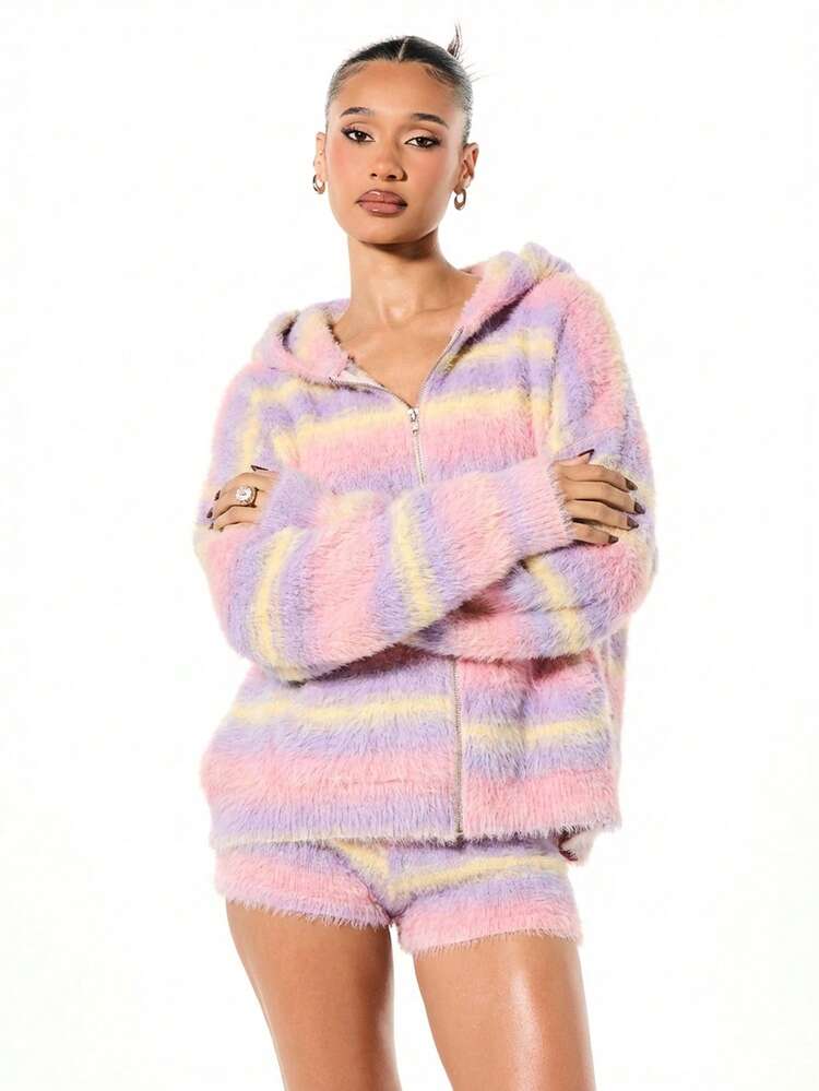 SUMWON WOMEN Oversized Fluffy Striped Ombre Hoodie Cardigan