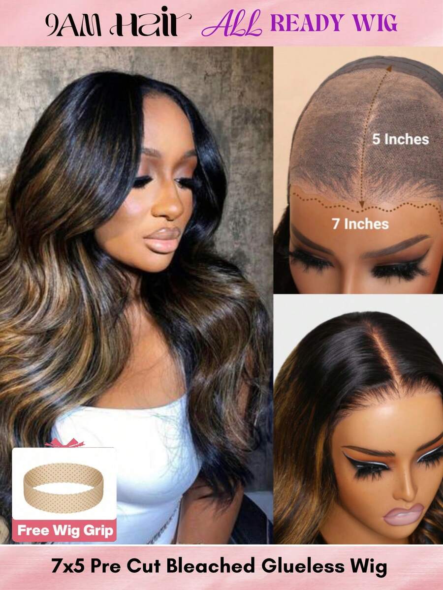 ALL READY WIG Pre Bleached Pre Plucked Pre-Cut Lace Melting Lace 7x5 Glueless Lace Closure Wig 100% Human Hair Brown Balayage Body Wave 9AM HAIR - SNATURAL/30 - View 1