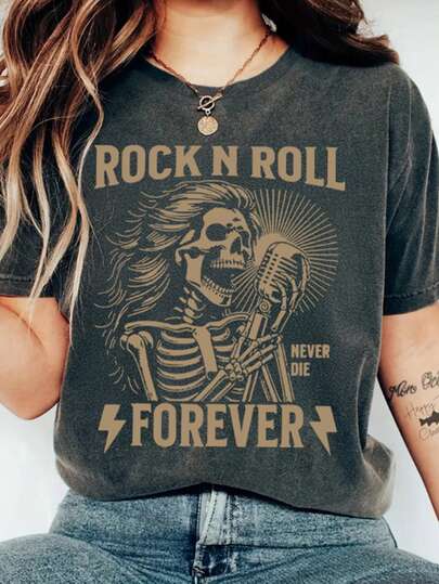 EMERY ROSE 骷髅音乐唱歌图案字母标语圆领短袖时尚大码T恤