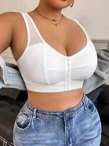 Plus Size Women's Solid Color Mesh Patchwork Wireless Front Closure Bra - White - View 3