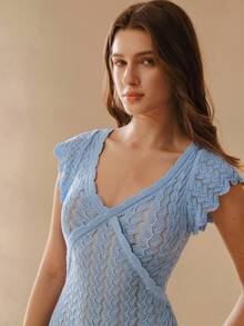 MOTF PREMIUM RUFFLED HEM ELEGANT V-NECK KNIT DRESS, SEXY BACKLESS SLIM FIT DRESS - Blue - View 4