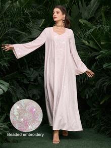 Al Najma Sequin Digital Print Long Sleeve Loose Fashion Elegant Pink Dress For Women - Pink - View 11