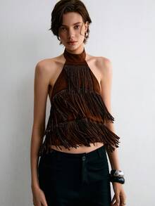 ATUI Studio Women's Shiny Faux Suede Fringe Backless Top Hanging Neck Collar, Computer Diamond Studded Tassel Top, Fashionable And Modern, Daily Outfit - Brown - View 1