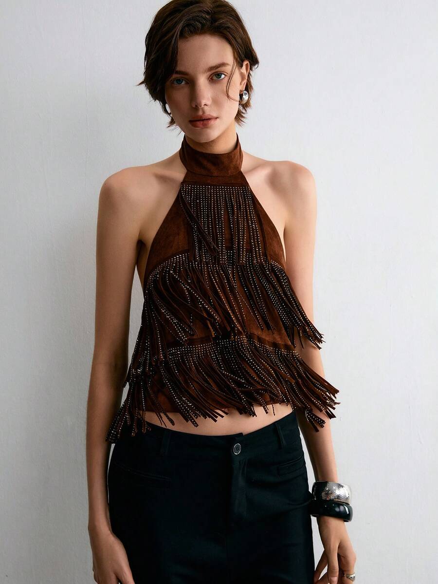 ATUI Studio Women's Shiny Faux Suede Fringe Backless Top Hanging Neck Collar, Computer Diamond Studded Tassel Top, Fashionable And Modern, Daily Outfit - Brown - View 1