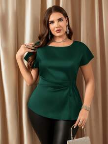 SHEIN Clasi Plus Size Solid Color Round Neck Pleated Elegant Short Sleeve Blouse - Dark Green - View 6