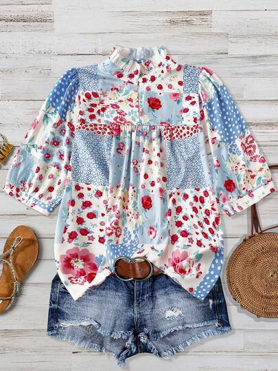 Linhara Plus Size Ditsy Floral Shirt, Comfortable, Elegant, Suitable For Vacation, Party, Flattering, Versatile, Delicate Design