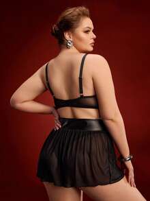 SHEIN 3pcs Women Black PU Leather & Mesh Patchwork Lingerie Set: Bra, Waist Cincher, Panty - Black - View 2