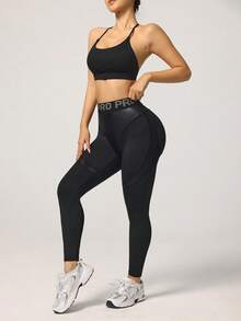 Slayform 黑色字母印花紧身瑜伽裤 - 黑色 - 查看 5