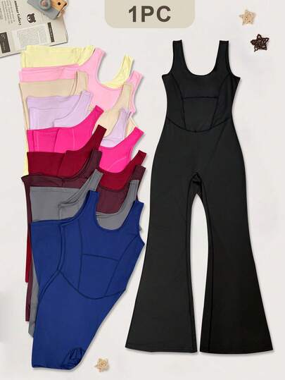 Sovereign Charm Women's Black Sleeveless Jumpsuit, Front Panel Seam, High Waist U-Neck U-Back Design, Suitable For Casual, Gym, Yoga, Running In Spring/Summer Cream Yoga Workout Jumpsuit Flared Leggings Set Flare Jumpsuits For Woman Butter Yellow Workout Set