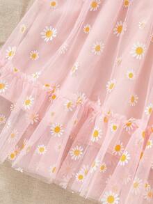 SHEIN Vintaside Kids 可爱优雅的女婴碎花网纱连衣裙，喇叭裙摆 - 粉色 - 查看 7