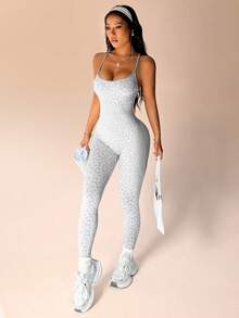 Seamluxe SHEIN Sport Leopard Print Gray & White Backless Camisole Skinny Seamless Sports Jumpsuit - Light Grey - View 4