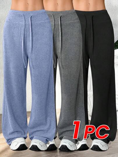 Eassivo Eassivo Pantalones deportivos anchos de unicolor simple con cordón en la cintura para mujer