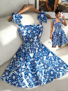 Elenzga New Floral Print Shoulder Tie Cinched Waist A-Line Dress, Flattering Silhouette, Elegant Casual Vacation Dress - Multicolor - View 1