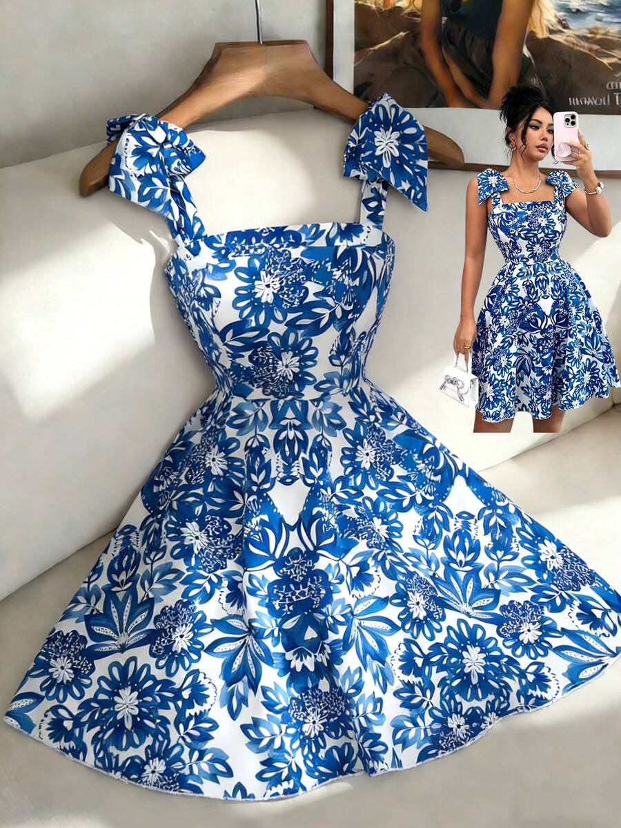 Elenzga New Floral Print Shoulder Tie Cinched Waist A-Line Dress, Flattering Silhouette, Elegant Casual Vacation Dress - Multicolor - View 1