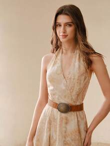 MOTF PREMIUM WOMEN'S ELEGANT WAIST CINCHED HALTER DRESS, SUITABLE FOR SUMMER VACATION - Yellow - View 4