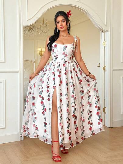 Celure 大码女装时尚方领荷叶边下摆开衩长款连衣裙，多层长吊带飘逸印花连衣裙，修身廓形，适合度假、花园派对、约会等多种场合。