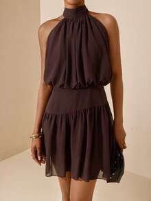 Vesra 女士无袖吊带雪纺迷你连衣裙 - 巧克力棕 - 查看 5