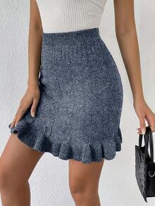 Xyvia Vintage College Style Ruffled Hem Knit Skirt, Autumn/Winter - Blue - View 4