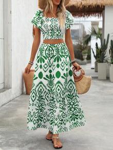 Breezaya Women's Summer Vacation Allover Print Ruffle Hem Crop Top And Skirt 2 Pieces Set - Green - View 4