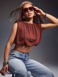 Denimoi Women's Sleeveless Pleated Rhinestone Embellished Crop Top - Brown - View 3