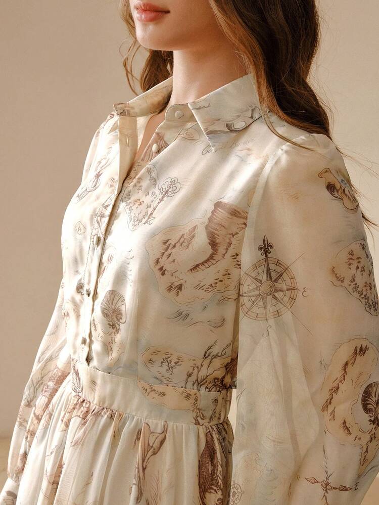 WOMEN'S ELEGANT ALLOVER PRINT LANTERN SLEEVE SHIRT DRESS