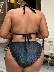 Swim SXY Plus Size Swimsuit Set, Special Fabric Hollow Design, Minimalist European & American Sexy Women's Bikini - Black - View 2