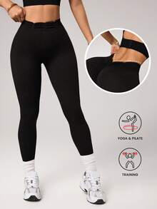 Dewbera 1件装女士无缝纯色郁金香腰深V性感跑步健身瑜伽紧身裤 - 黑色 - 查看 1