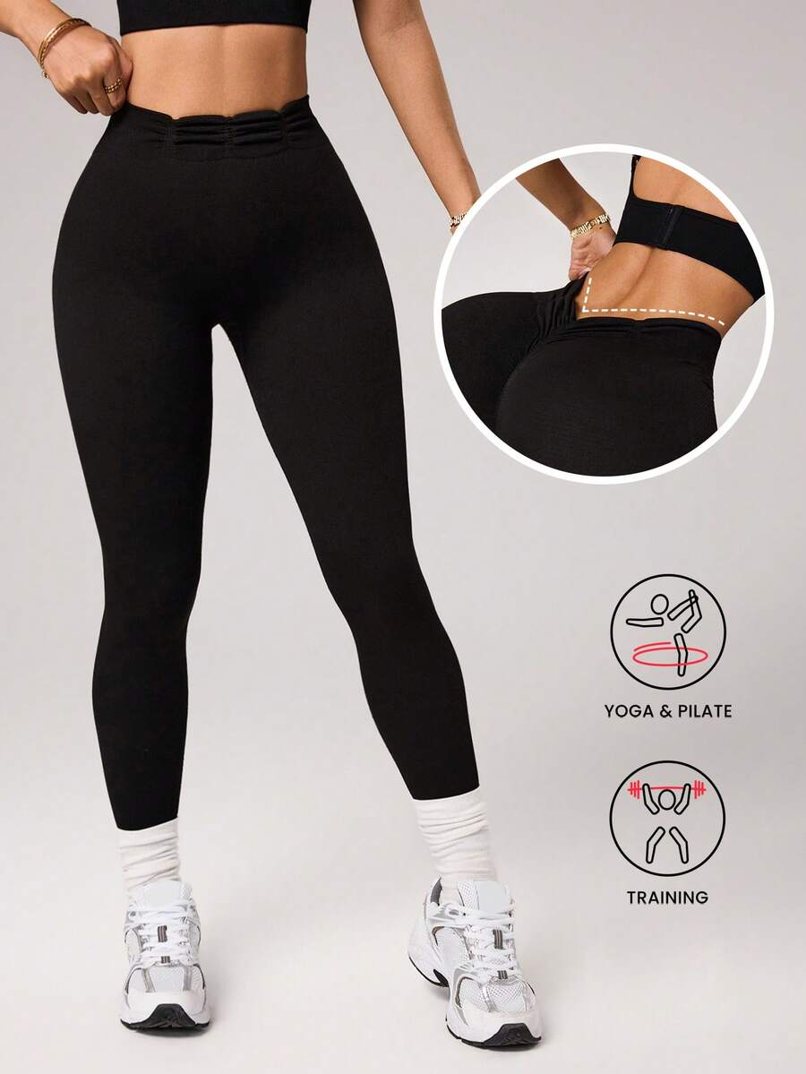 Dewbera 1件装女士无缝纯色郁金香腰深V性感跑步健身瑜伽紧身裤 - 黑色 - 查看 1